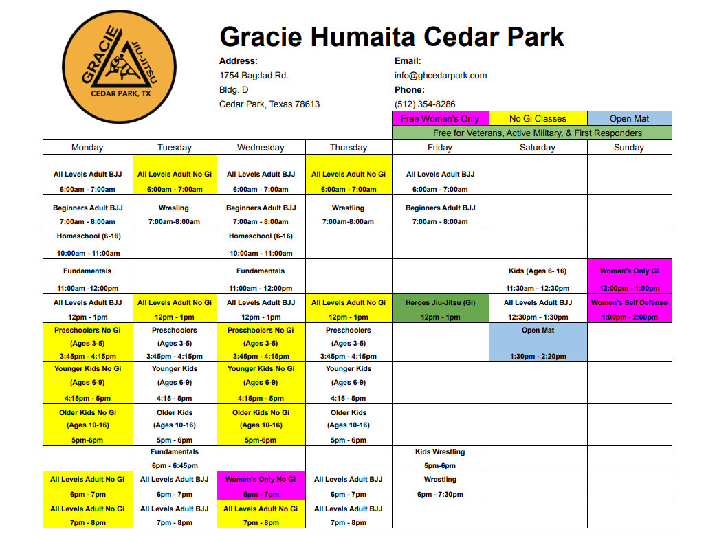 Class Schedule for Gracie Cedar Park